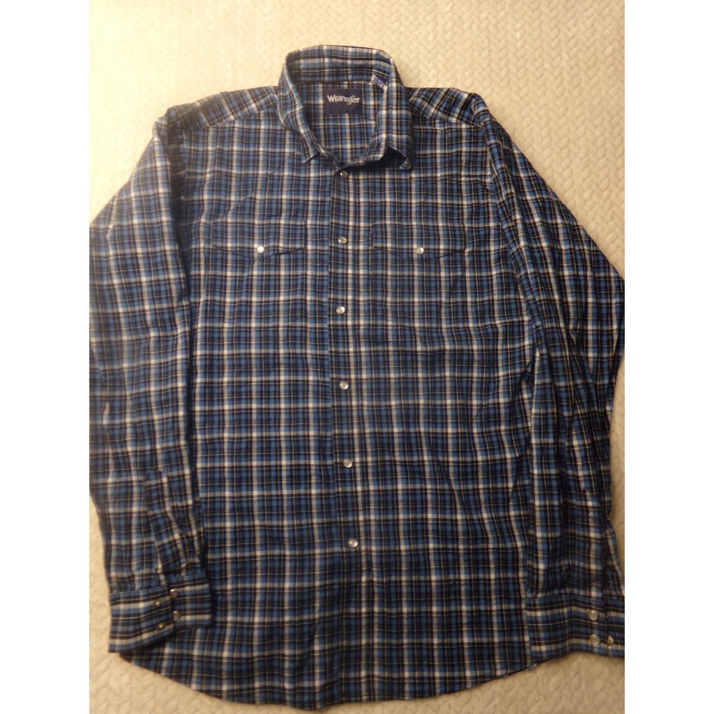 Wrangler Plaid Western‎ Shirt Long Sleeve Pearl Snap Blue Plaid Size Youth XXL